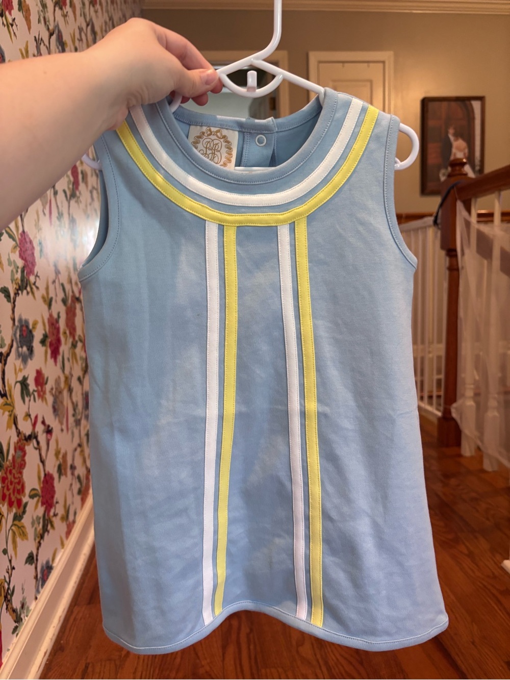 The Beaufort Bonnet Company Light Blue Sleeveless Dress with Yellow & White Trim
